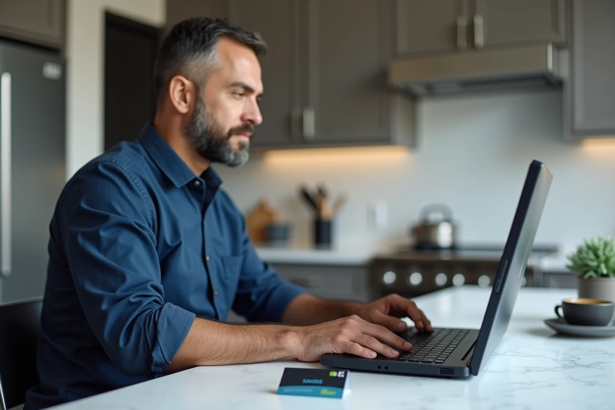 Homme utilisant un code de carte Kadéos sur un ordinateur de bureau pour passer une commande Amazon