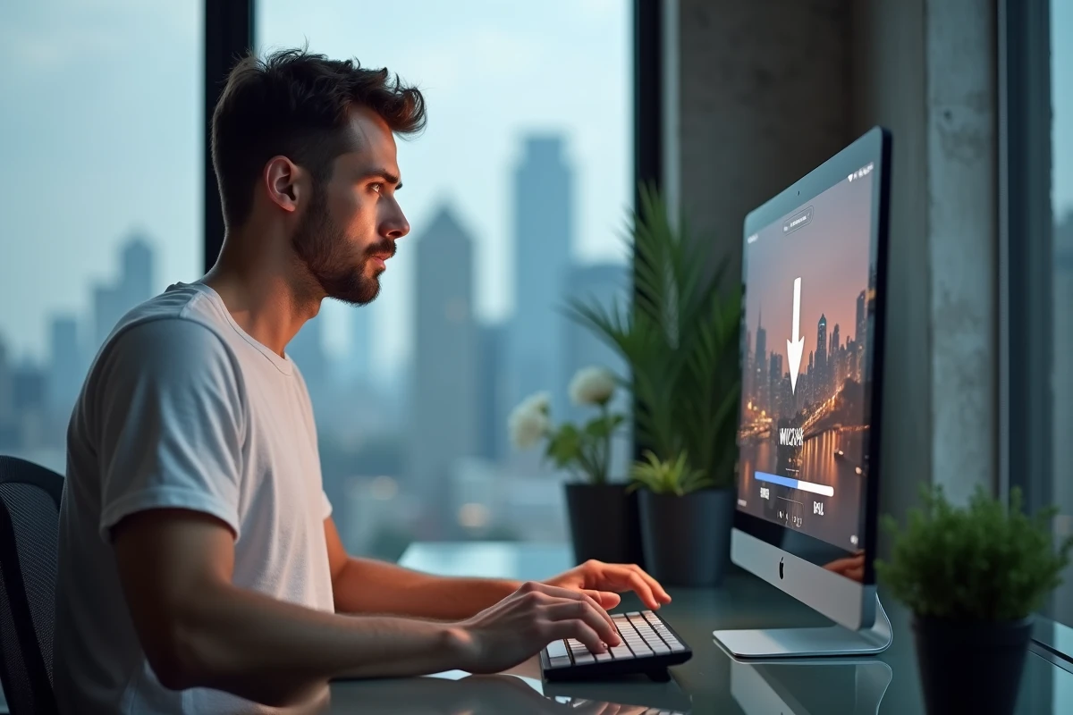 Homme téléchargeant une vidéo YouTube en MP4 sur un ordinateur de bureau dans un appartement moderne