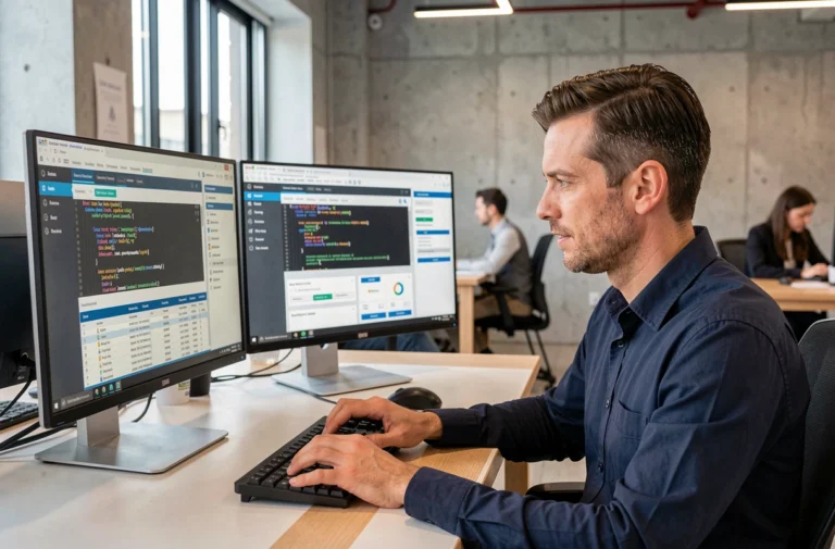 Ingénieur logiciel analysant l'interface du module propriétaire ITEA sur un poste de travail à double écran dans un bureau moderne