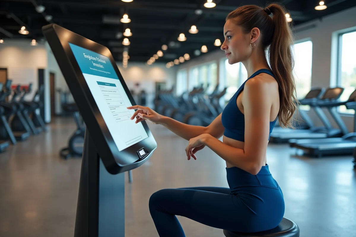 Jeune femme complétant son inscription en ligne sur une borne numérique dans une salle de sport Basic Fit