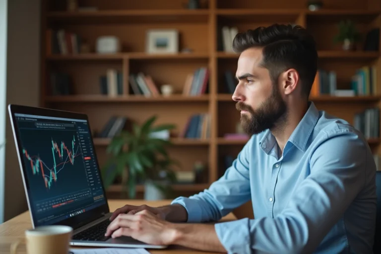 Jeune investisseur débutant analysant des graphiques boursiers sur ordinateur portable dans un bureau à domicile moderne