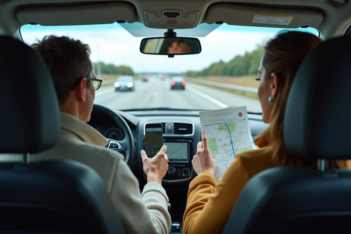 Couple en voiture consultant un itinéraire Michelin sur smartphone et sur papier lors d'un voyage sur autoroute