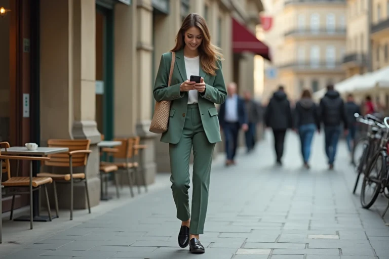 Jeune femme en blazer vert en ville avec sourire naturel