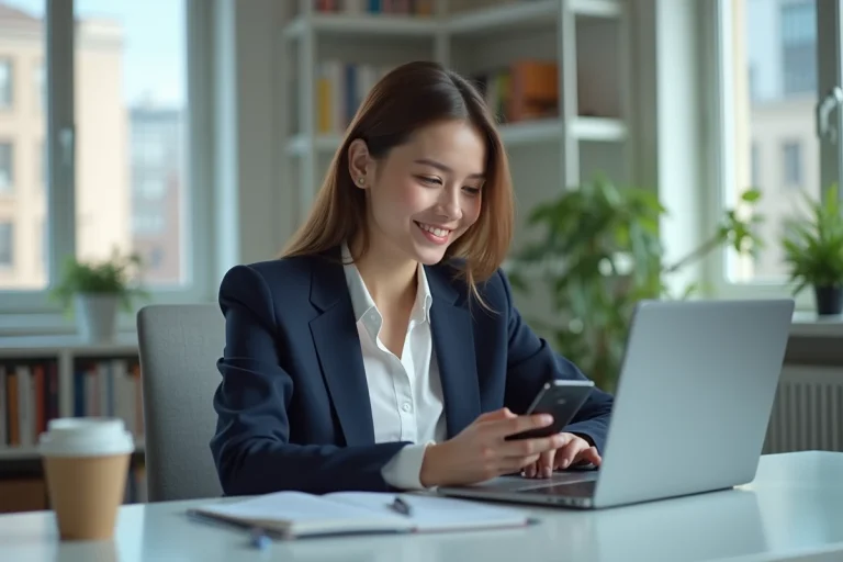 Jeune femme professionnelle souriante au bureau moderne