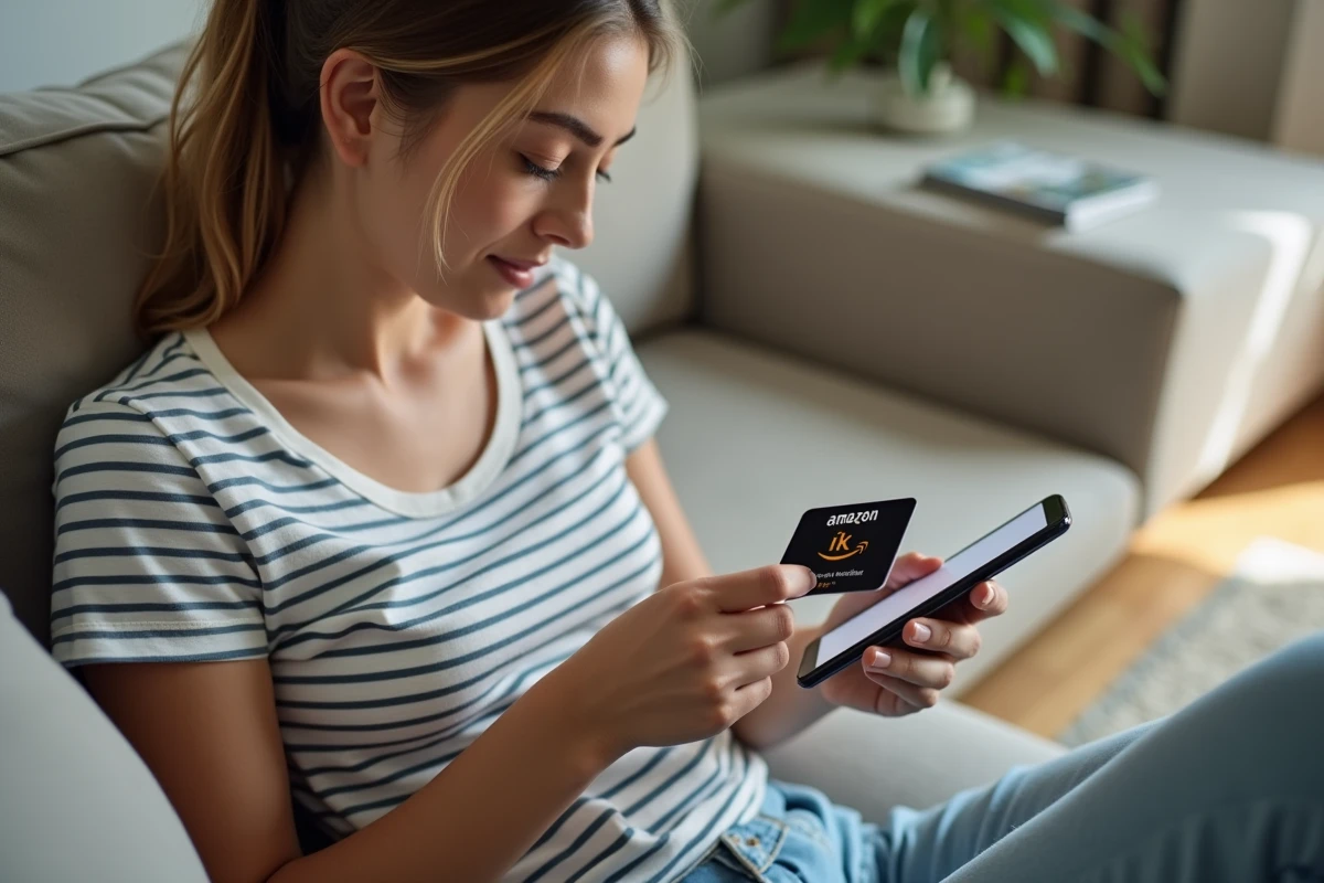 Jeune femme utilisant une carte Kadéos sur l'application mobile Amazon depuis son smartphone sur un canapé