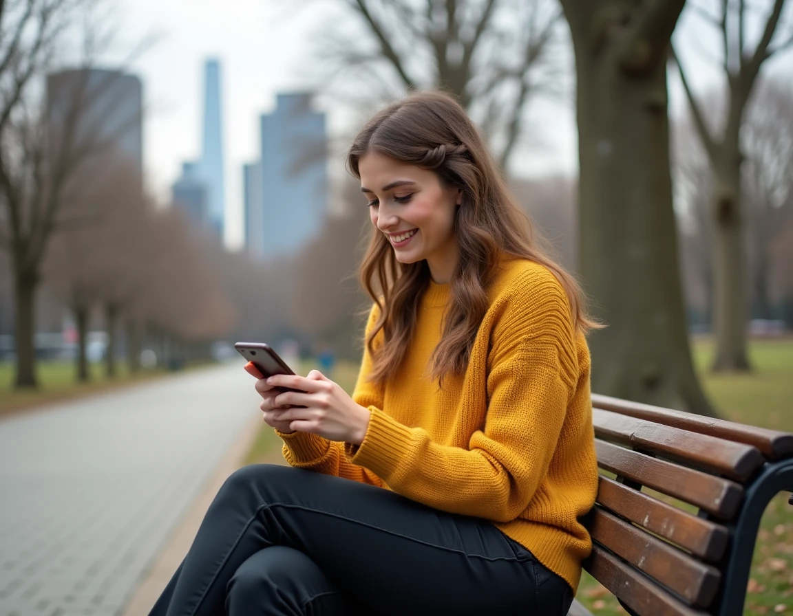 Jeune femme consultant des petites annonces en ligne sur son smartphone dans un parc urbain