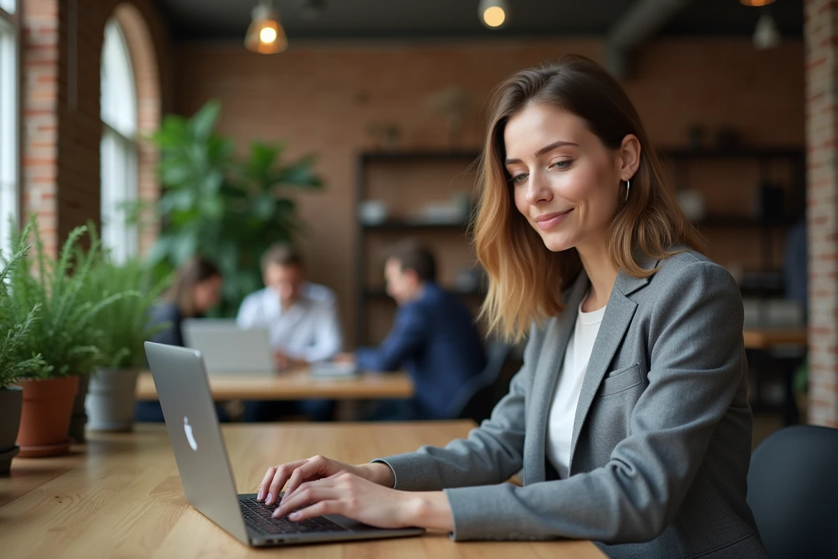 Jeune entrepreneure travaillant sur son ordinateur dans un espace coworking