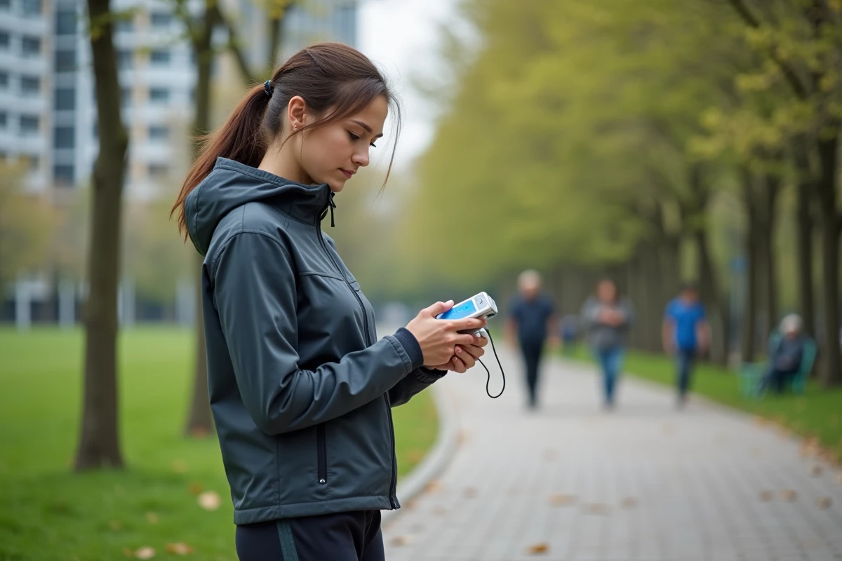 Jeune femme avec appareil respiratoire dans un parc urbain