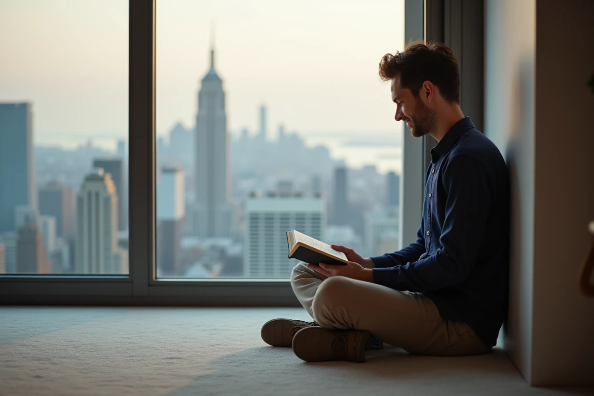 Jeune homme lisant dans un appartement calme