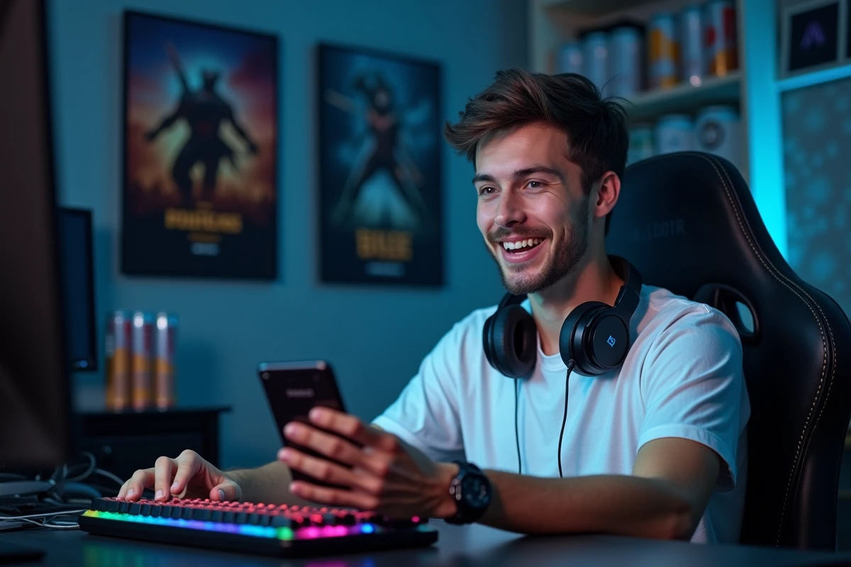 Jeune joueur découvrant son score et classement mondial sur Candy Crush dans une chambre gaming