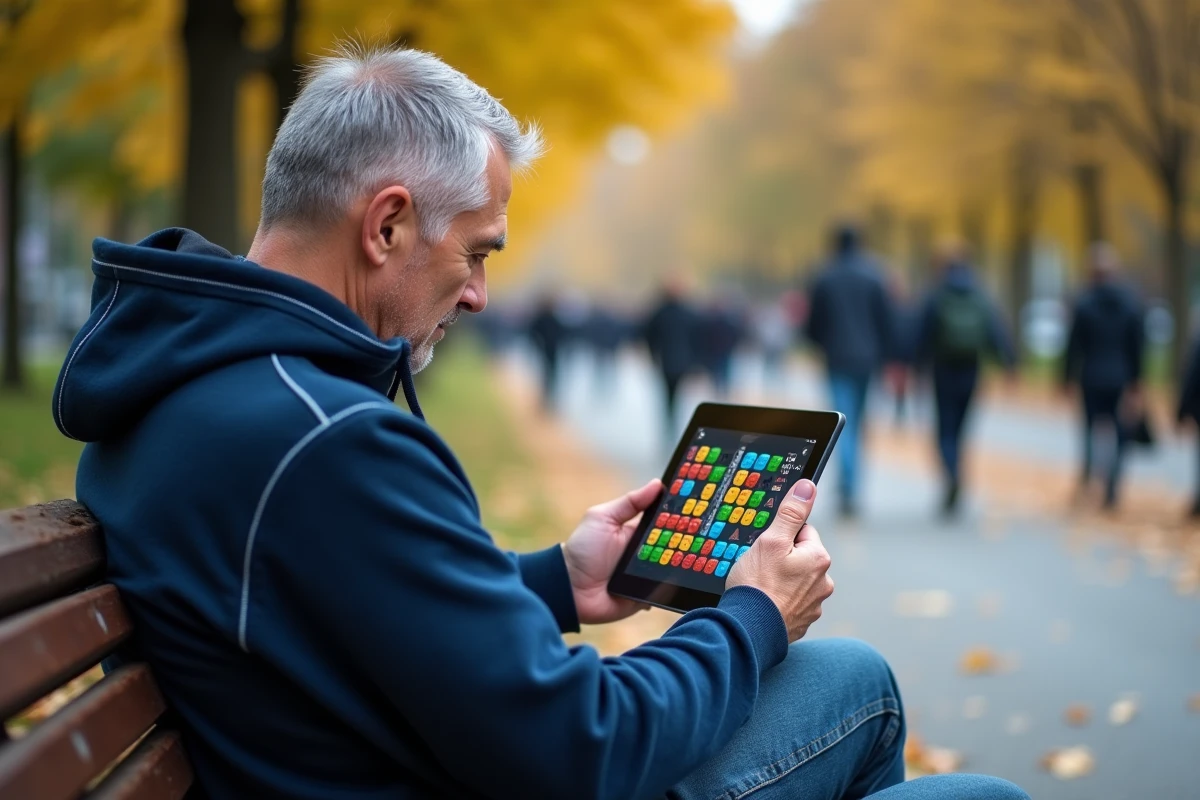 Homme consultant son classement Candy Crush sur tablette dans un parc urbain en automne