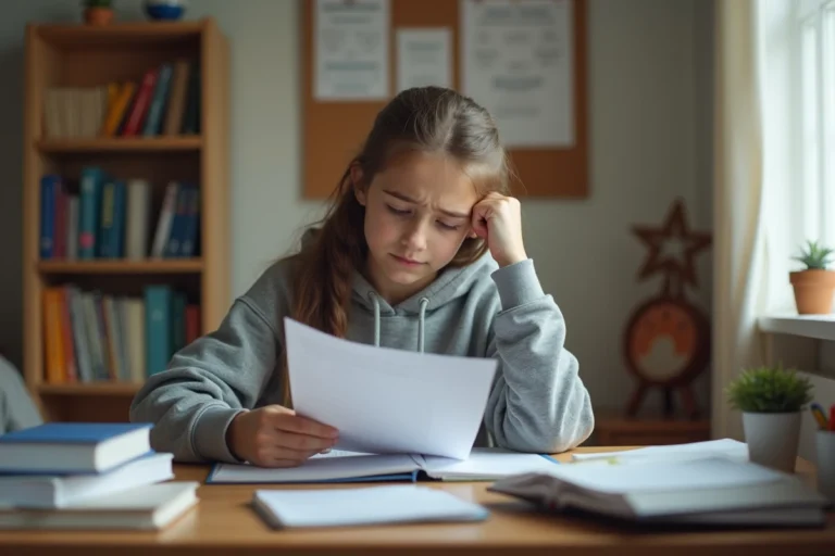 Lycéenne en seconde regardant son bulletin scolaire avec une expression soucieuse à son bureau