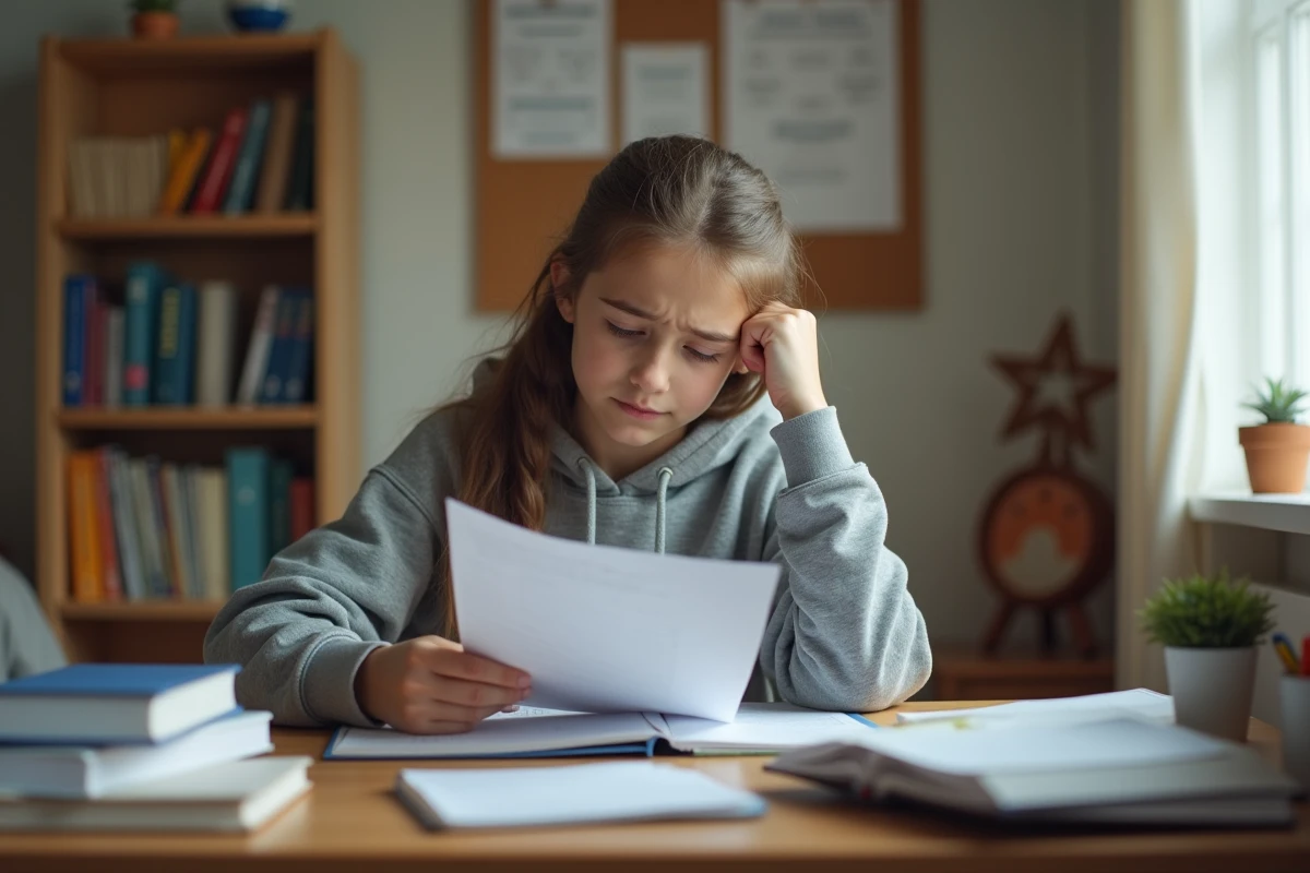 Lycéenne en seconde regardant son bulletin scolaire avec une expression soucieuse à son bureau
