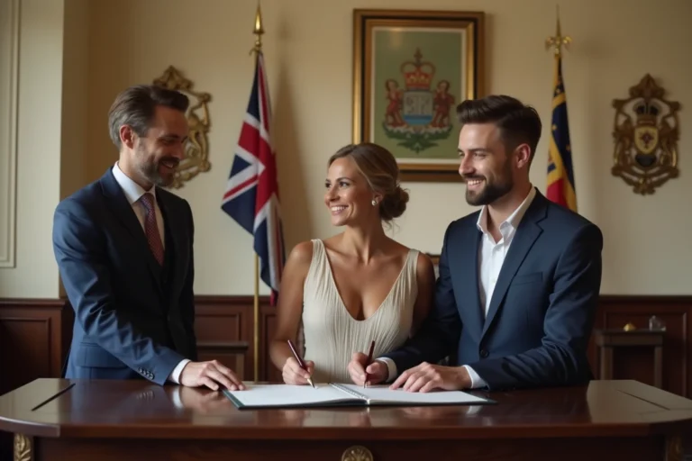 Couple franco-britannique signant leur acte de mariage dans un bureau d'état civil à Gibraltar