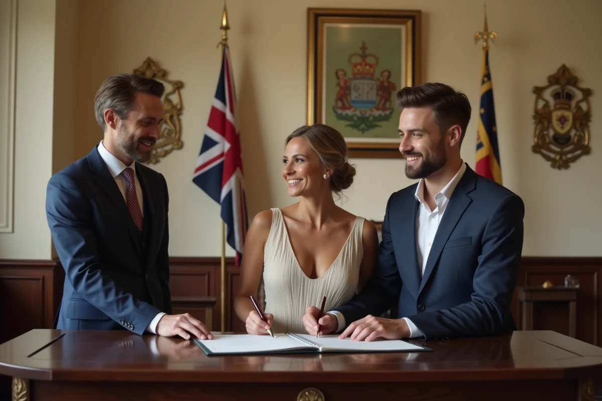 Couple franco-britannique signant leur acte de mariage dans un bureau d'état civil à Gibraltar