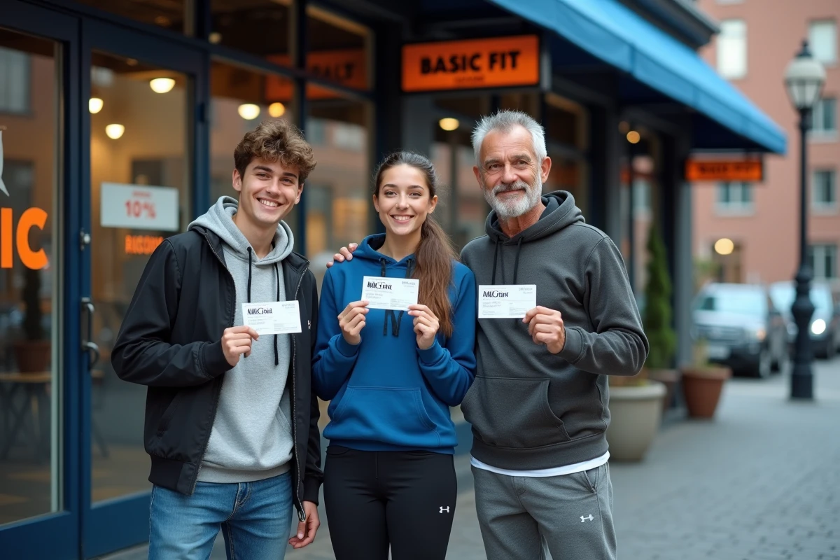 Groupe de personnes de différents âges tenant leur carte de membre Basic Fit devant l'entrée d'une salle de sport