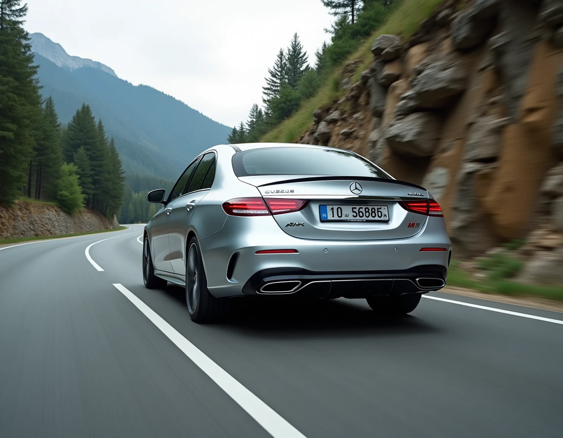 Mercedes-Benz Classe E AMG Line en mouvement sur une route de montagne, vue arrière trois quarts mettant en avant le diffuseur et les sorties d'échappement AMG