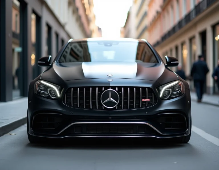 Mercedes-Benz C-Class avec pack AMG garée en ville, vue trois quarts avant mettant en valeur le bouclier AMG et les jantes sportives
