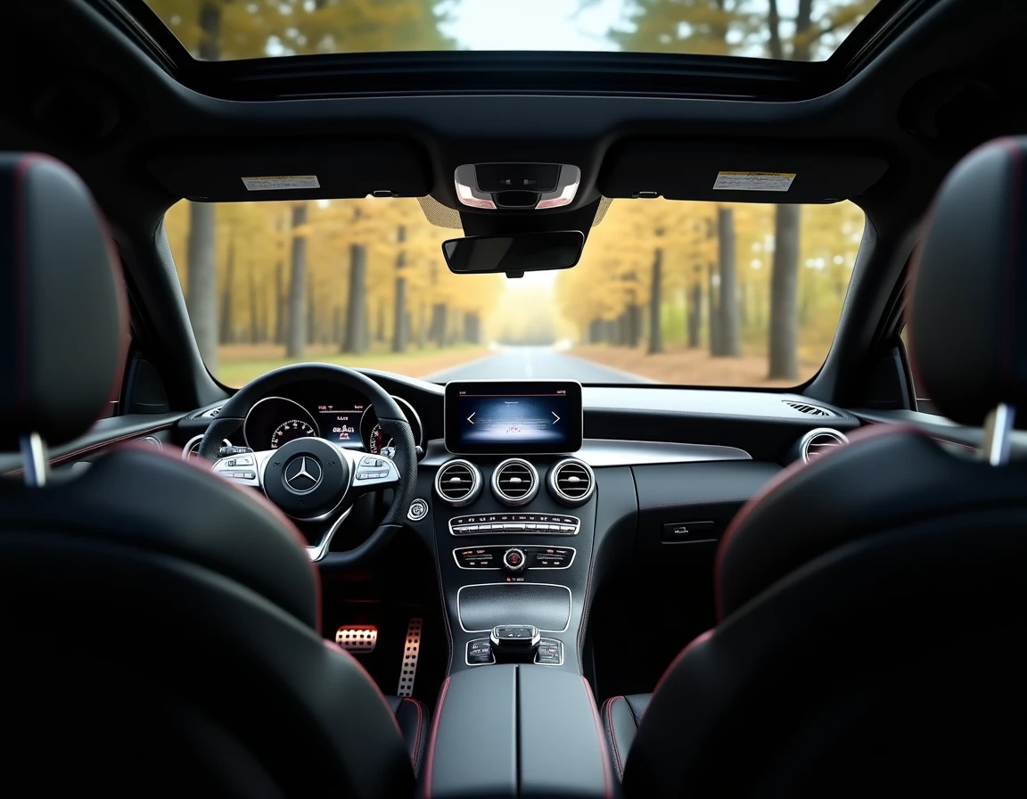 Intérieur d'une Mercedes-Benz GLC avec pack AMG, sièges sport en cuir Nappa noir avec surpiqûres rouges et volant AMG à méplat