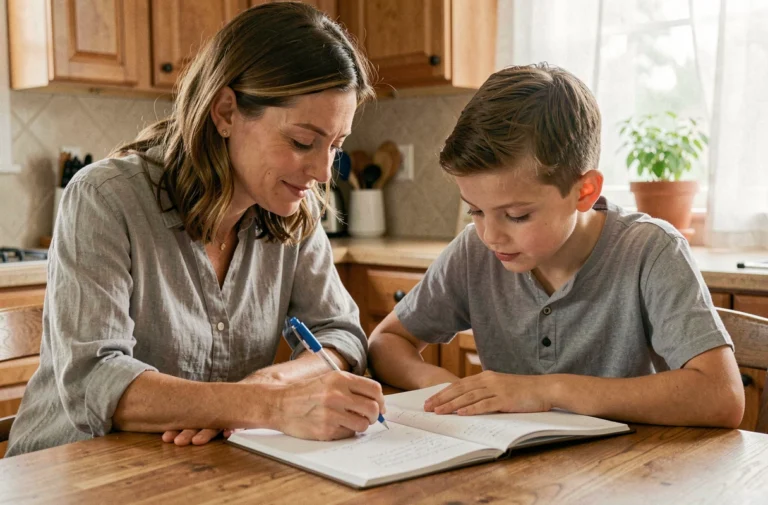 Mère aidant son enfant à faire ses devoirs à la table de cuisine, conseils pratiques pour parents au quotidien