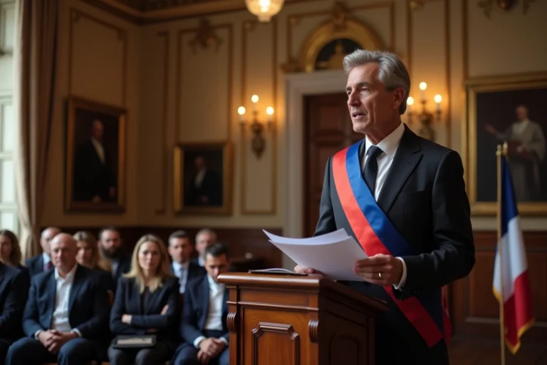 Officier d'état civil lisant l'acte de mariage lors d'une cérémonie dans une mairie française