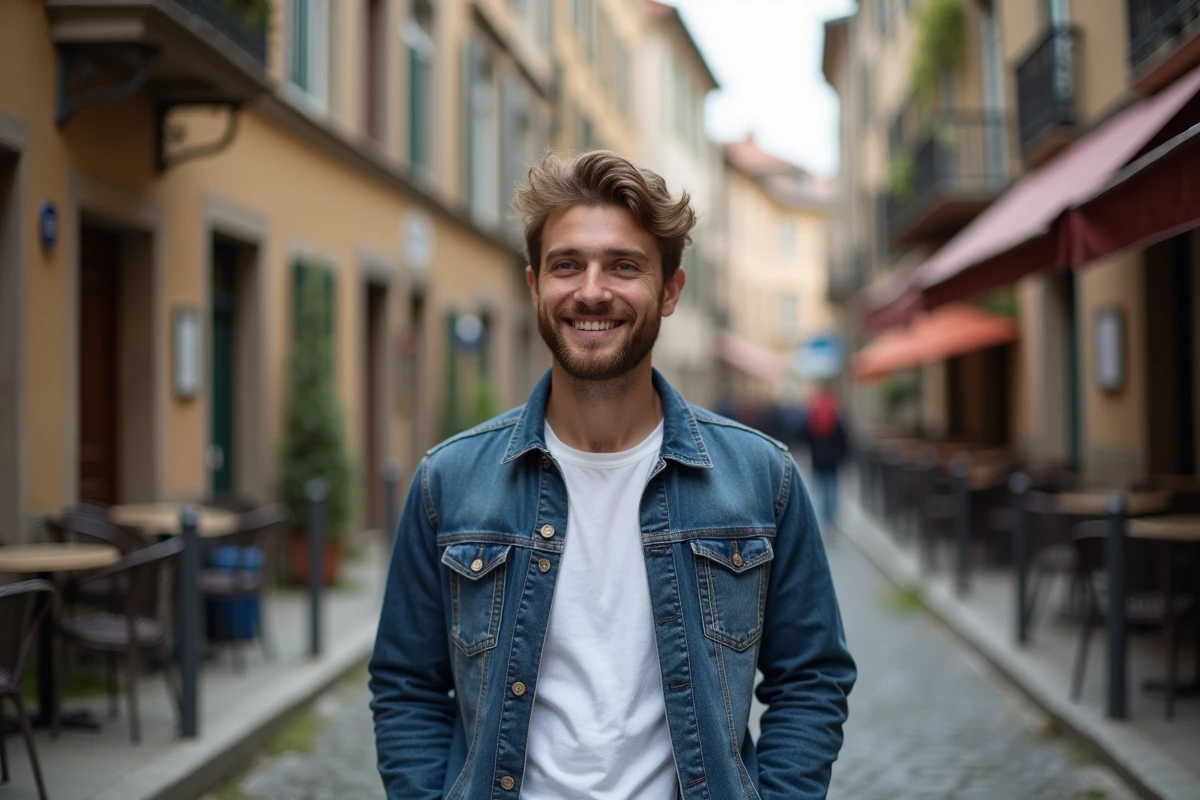 Homme barbu souriant avec style dans une rue pavée européenne, exprimant originalité et authenticité naturelle