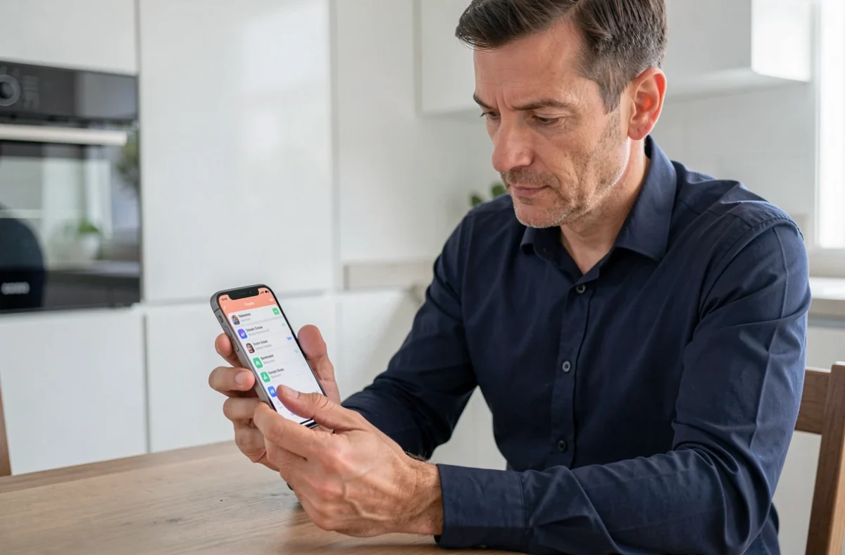 Homme paramétrant un compte IMAP sur iPhone pour le webmail ac-nantes dans un environnement domestique