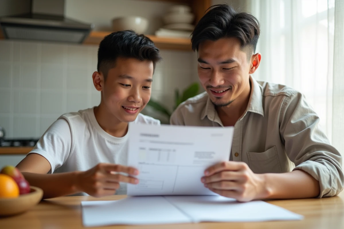 Parent et adolescent discutant des notes scolaires ensemble autour d'une table de cuisine