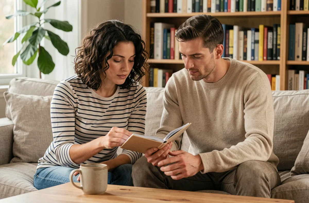 Deux parents assis sur un canapé consultant un agenda ensemble, astuces pratiques pour organiser la vie de famille