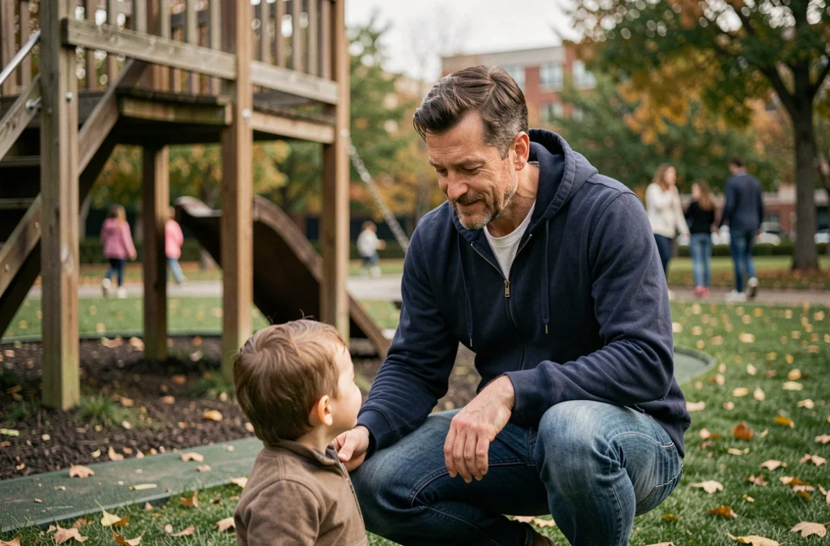 Père réconfortant son enfant dans un parc, conseils pour accompagner les parents dans la vie quotidienne
