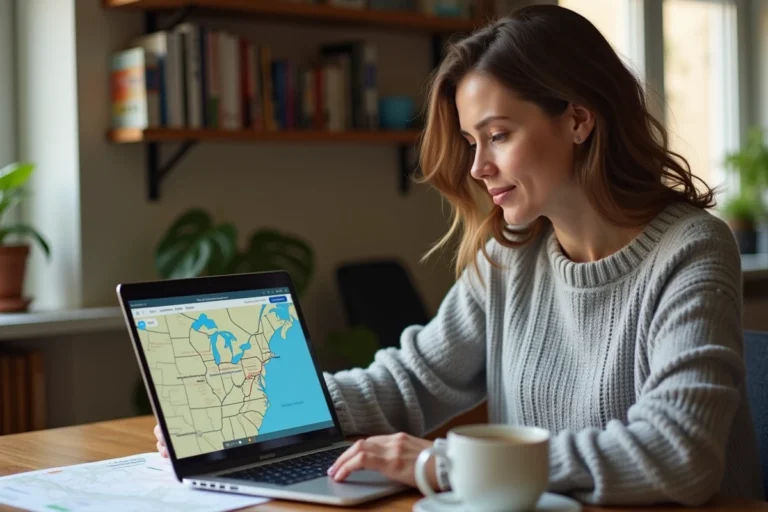 Femme planifiant un itinéraire routier sur ordinateur avec une carte et un café sur un bureau en bois