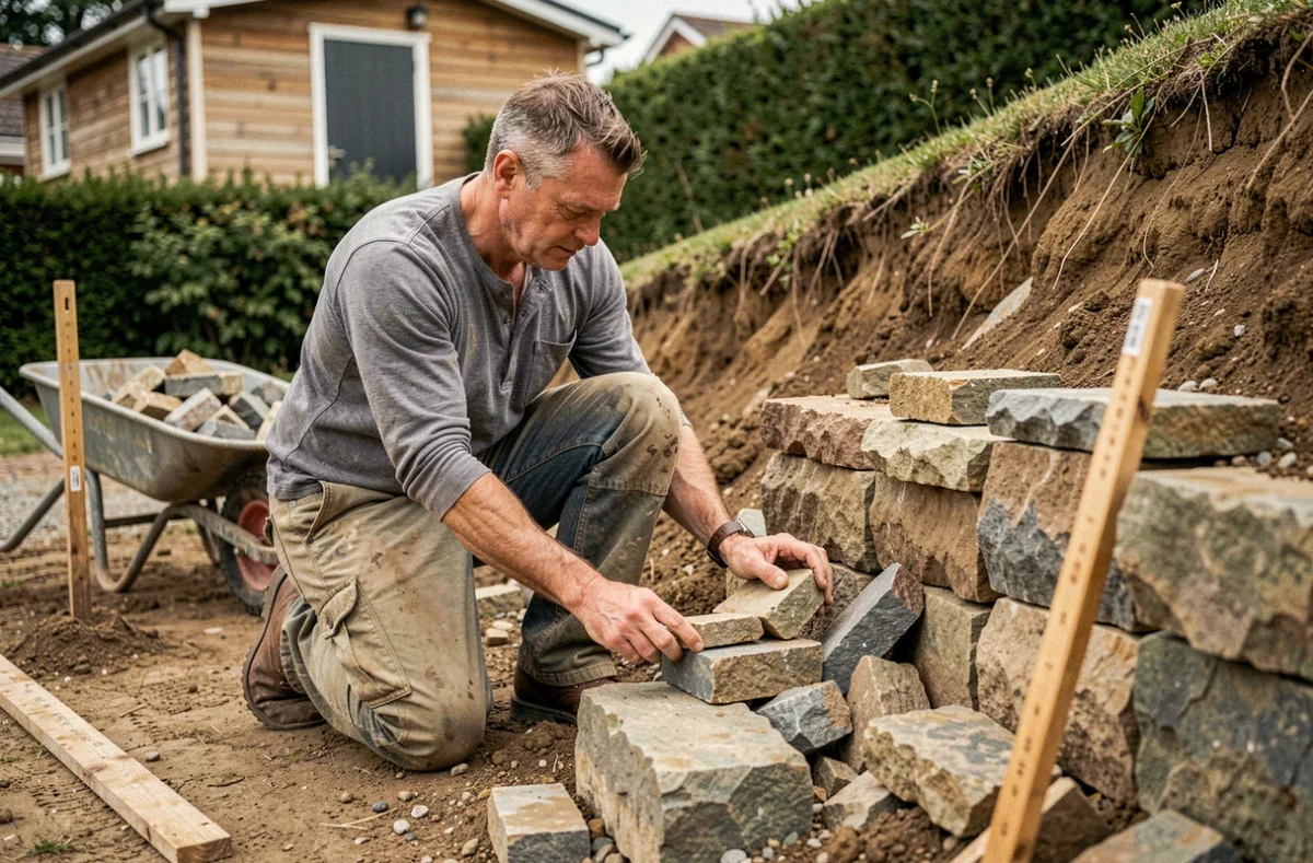 Homme en train de construire un mur de soutènement en pierres dans un jardin en pente