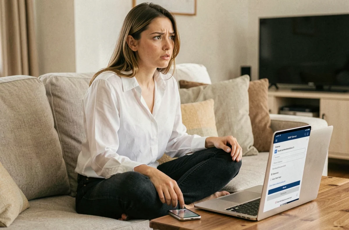 Jeune femme configurant les paramètres IMAP pour le webmail ac Nantes sur iPhone depuis son salon