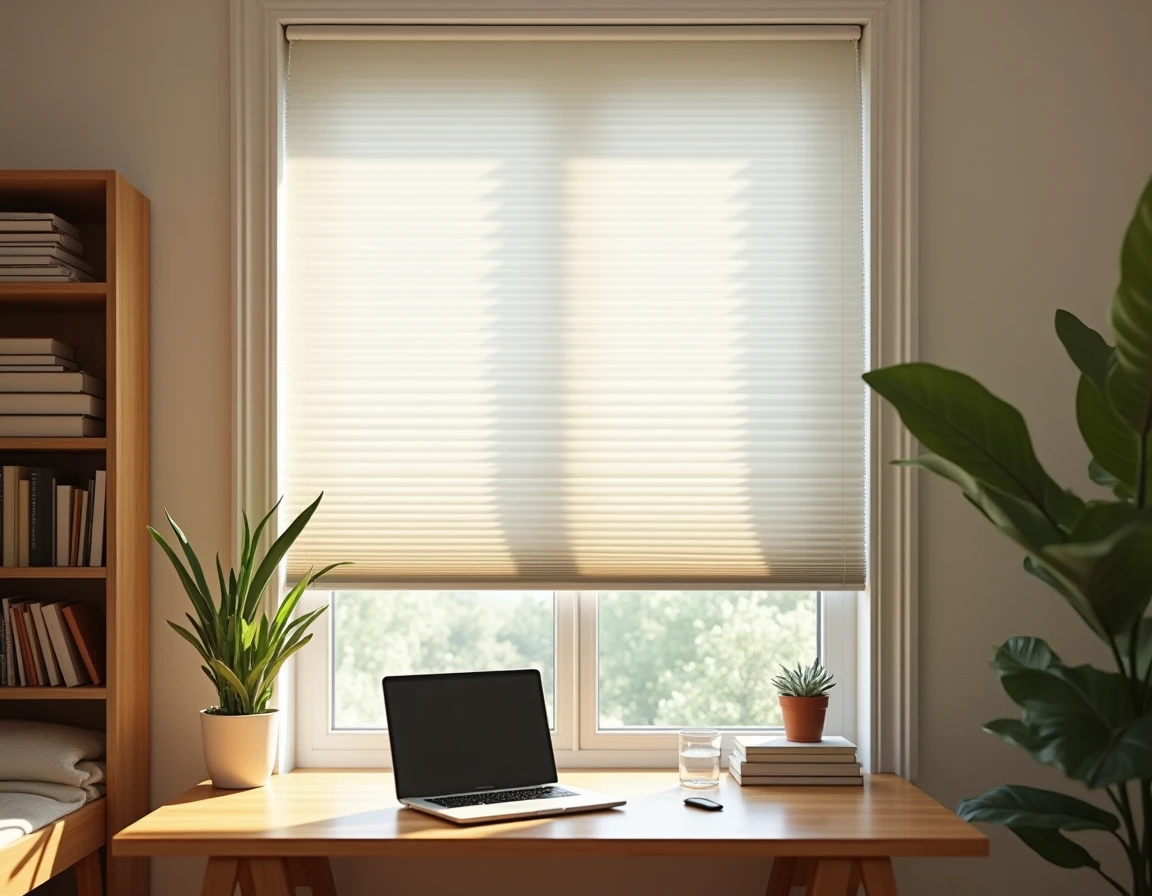 Store cellulaire alvéolaire blanc installé sur une fenêtre de bureau à domicile pour limiter la surchauffe estivale