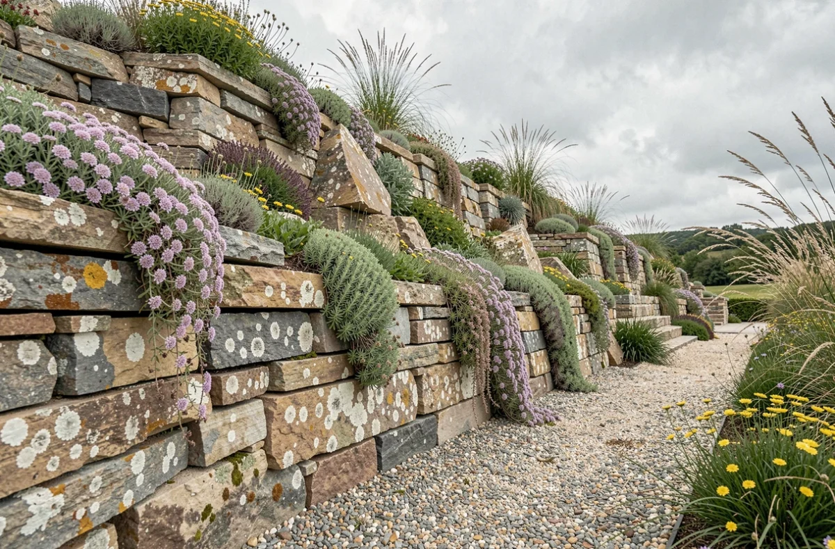 Talus en pierre sèche aménagé avec des plantes de rocaille dans un jardin paysager